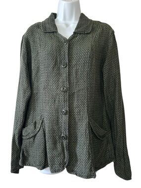 FLAX Women’s Green & Black 100% Linen Button Front Lagenlook Tweed Jacket- Small